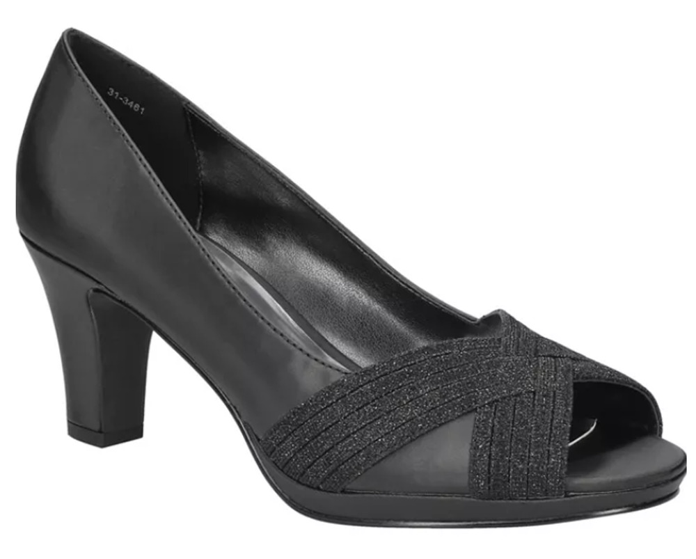 Easy Street Lavish Shoes Womens Size 6W Black Satin Glitter Peep Toe Pumps Heels